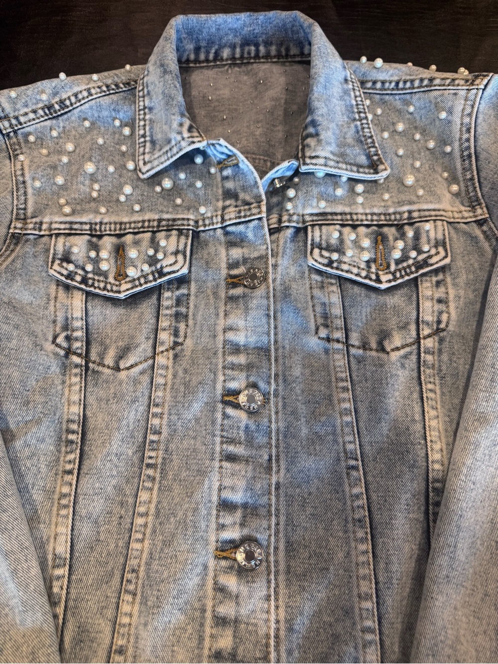 Pearl Embellished Denim Jean Jacket Women’s Fits Small NWOT